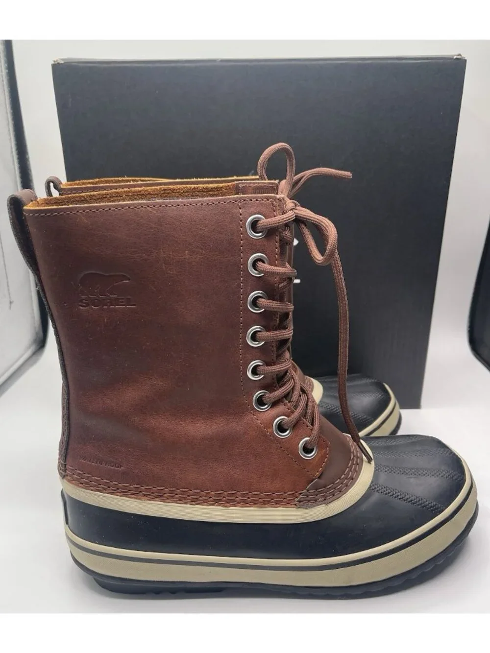 Sorel 1964 Premium‎ Duck Boots Brown Waterproof Leather Size 8.5 Oxford Tan